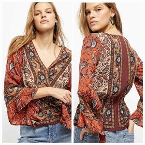 Free People Orange Paisley Floral Tie-Waist Boho Blouse